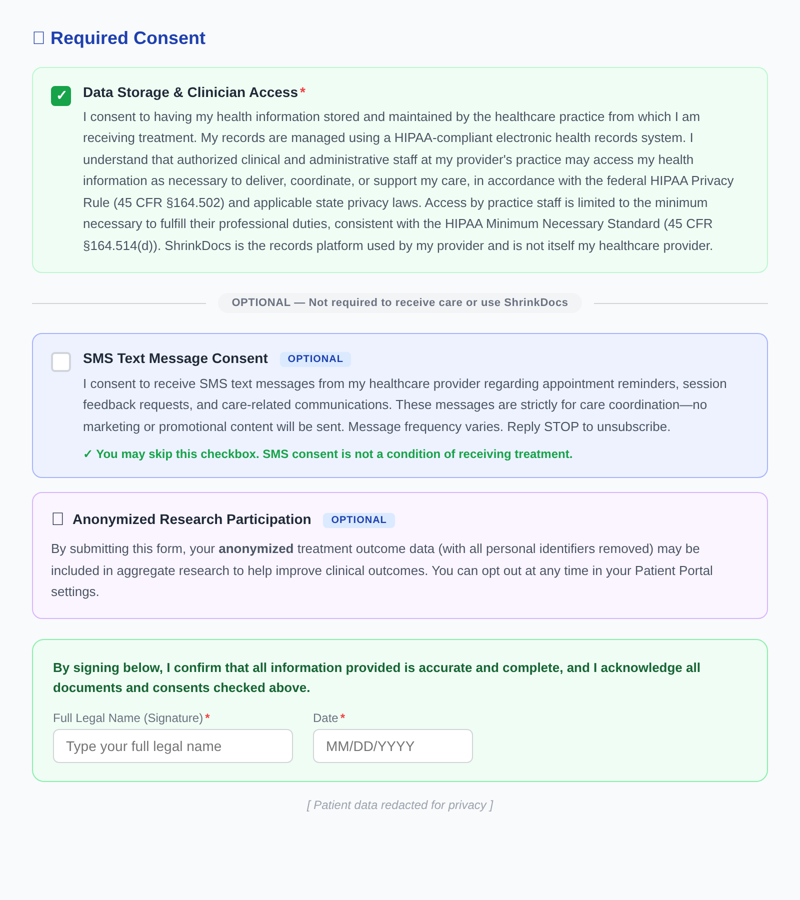 Screenshot of SMS consent checkbox in ShrinkDocs™ patient intake form
